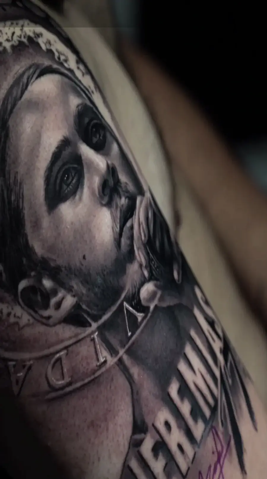 Canserbero / Life — black & gray tattoo on arm by Amed Cid, Miami