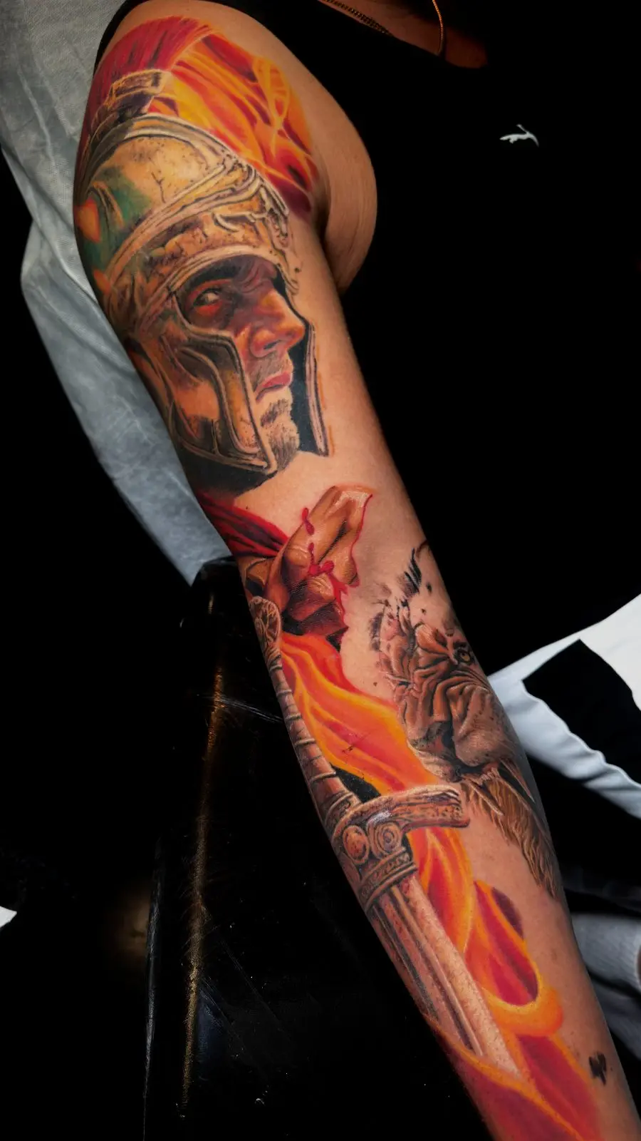 Gladiator — color tattoo on sleeve by Amed Cid, Miami