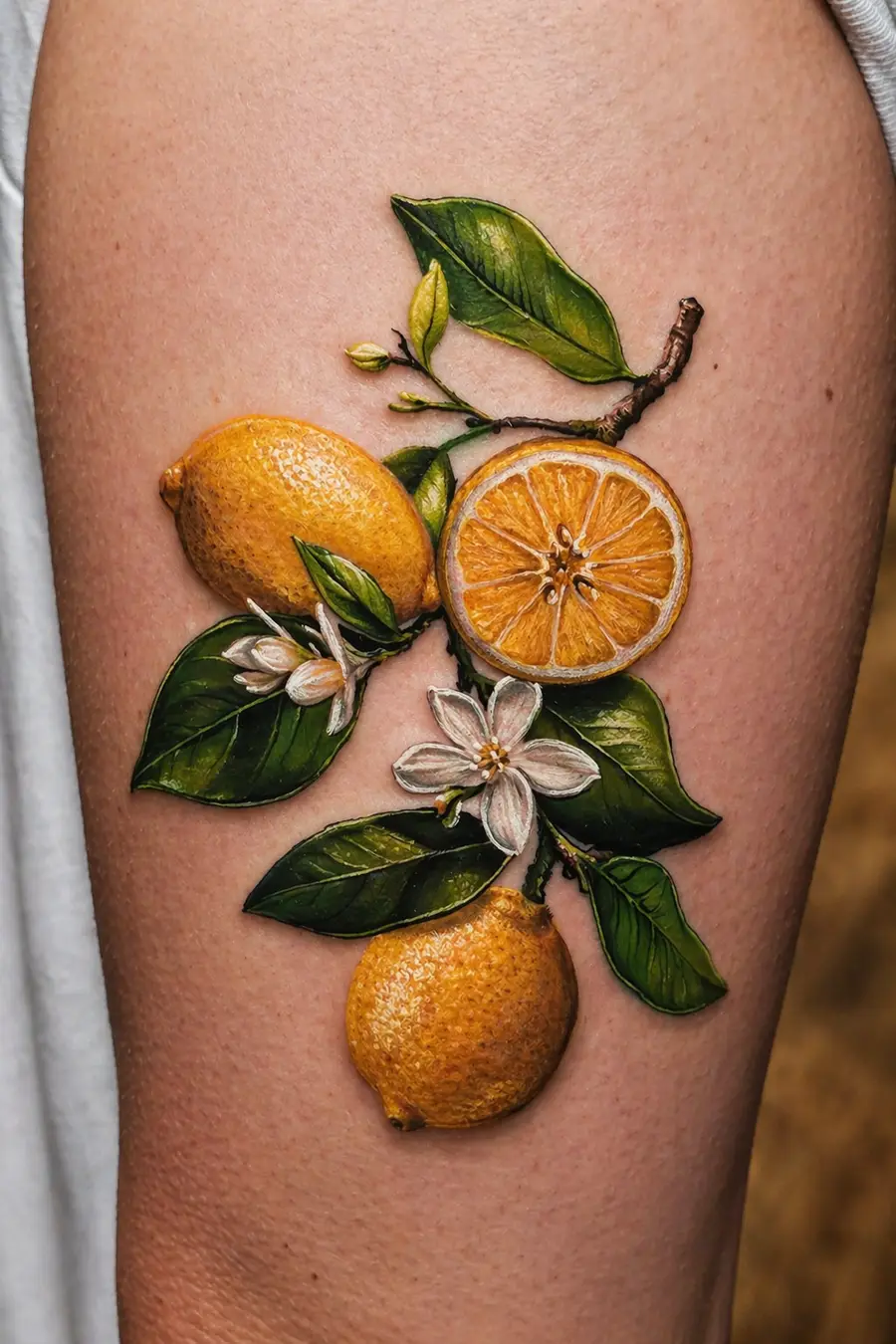 Citrus & Blossom — color tattoo on forearm by Amed Cid, Miami