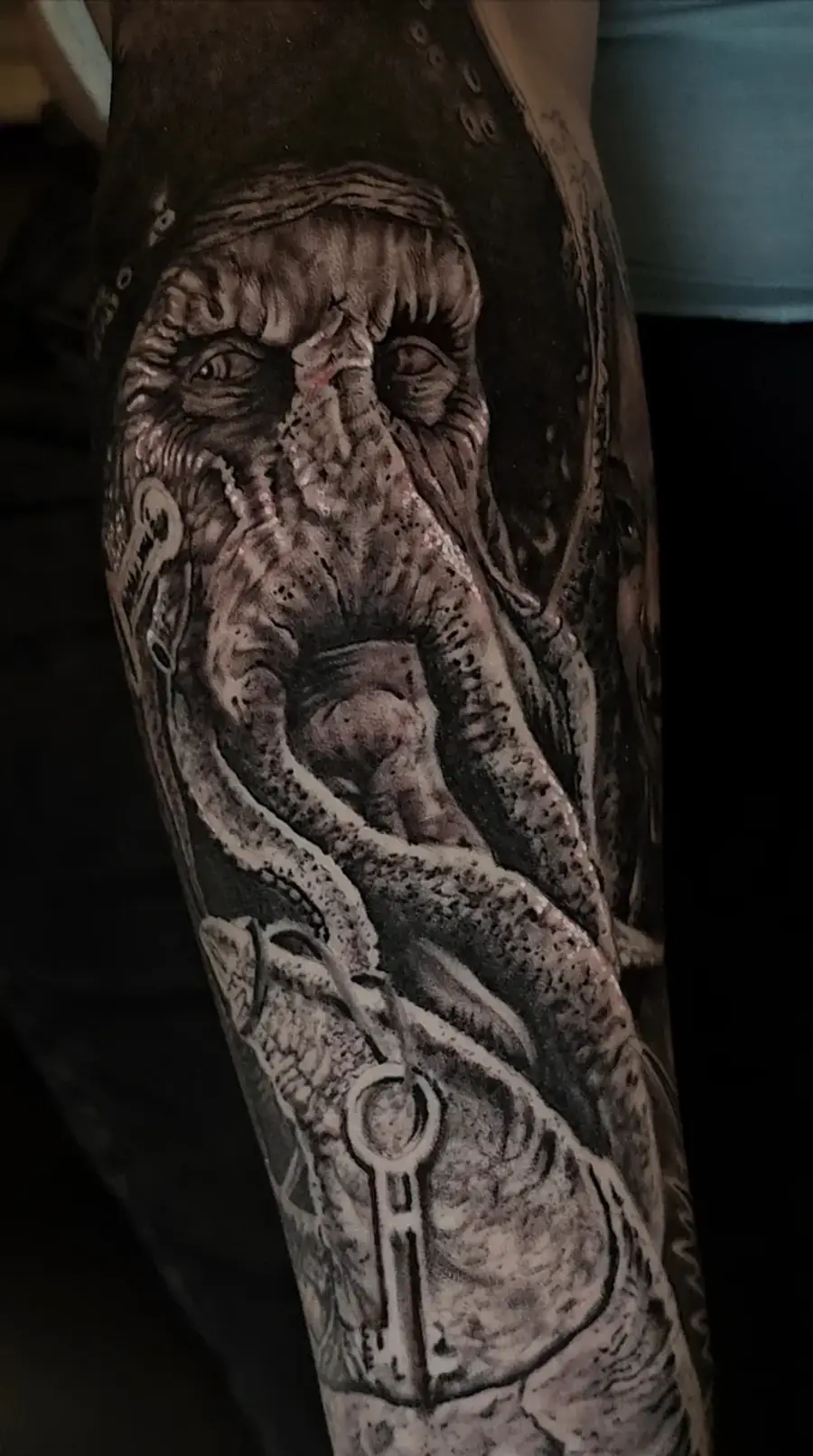 Davy Jones — black & gray tattoo on forearm by Amed Cid, Miami
