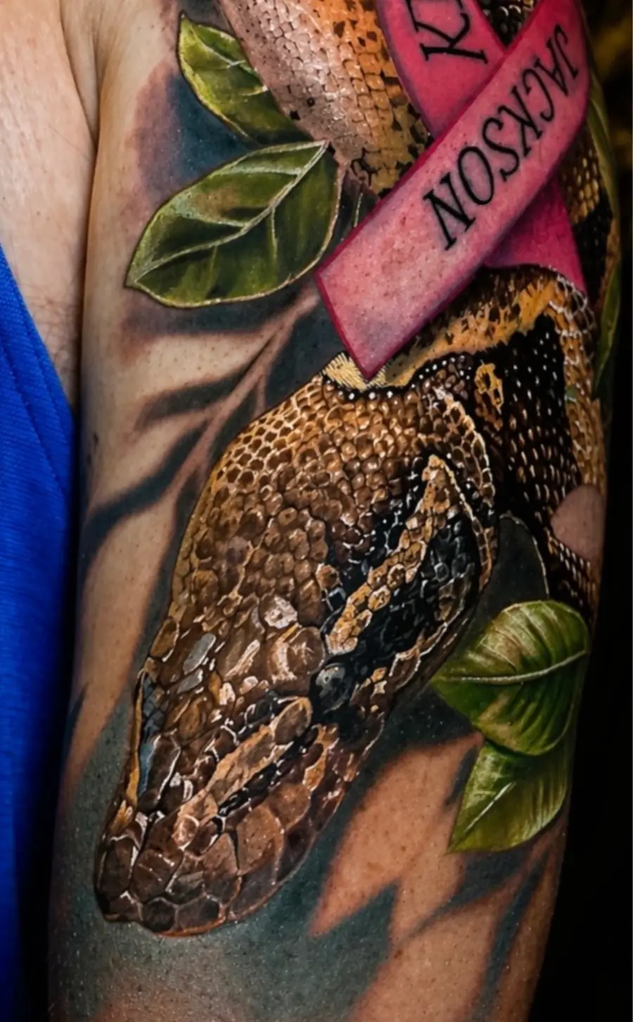 Python · Jackson — color tattoo on calf by Amed Cid, Miami