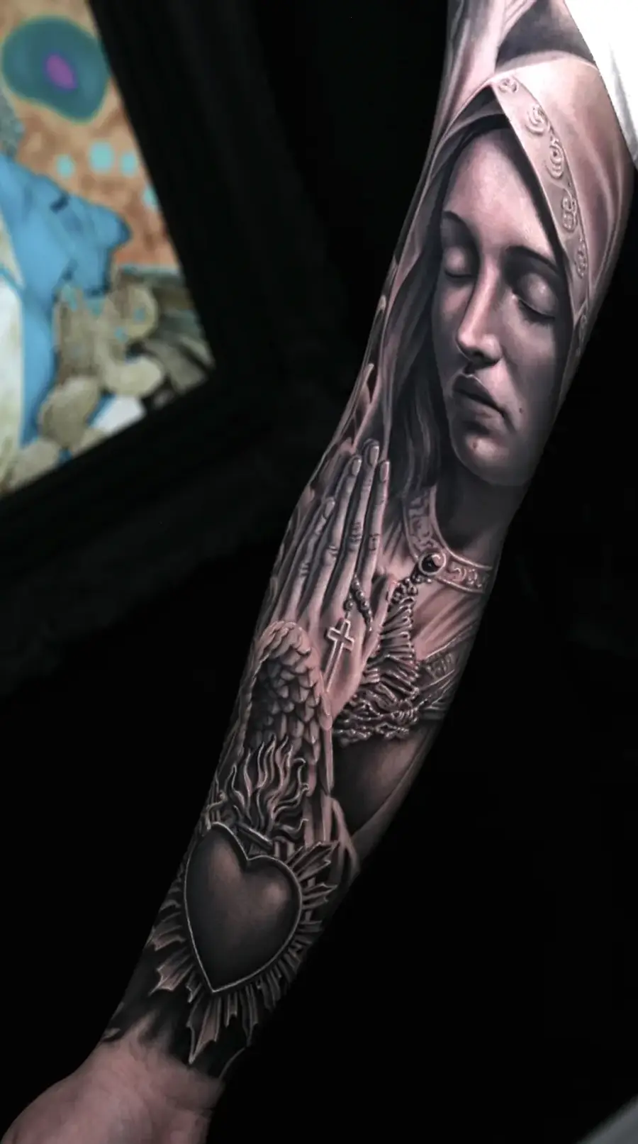 Mother — black & gray tattoo on full sleeve by Amed Cid, Miami